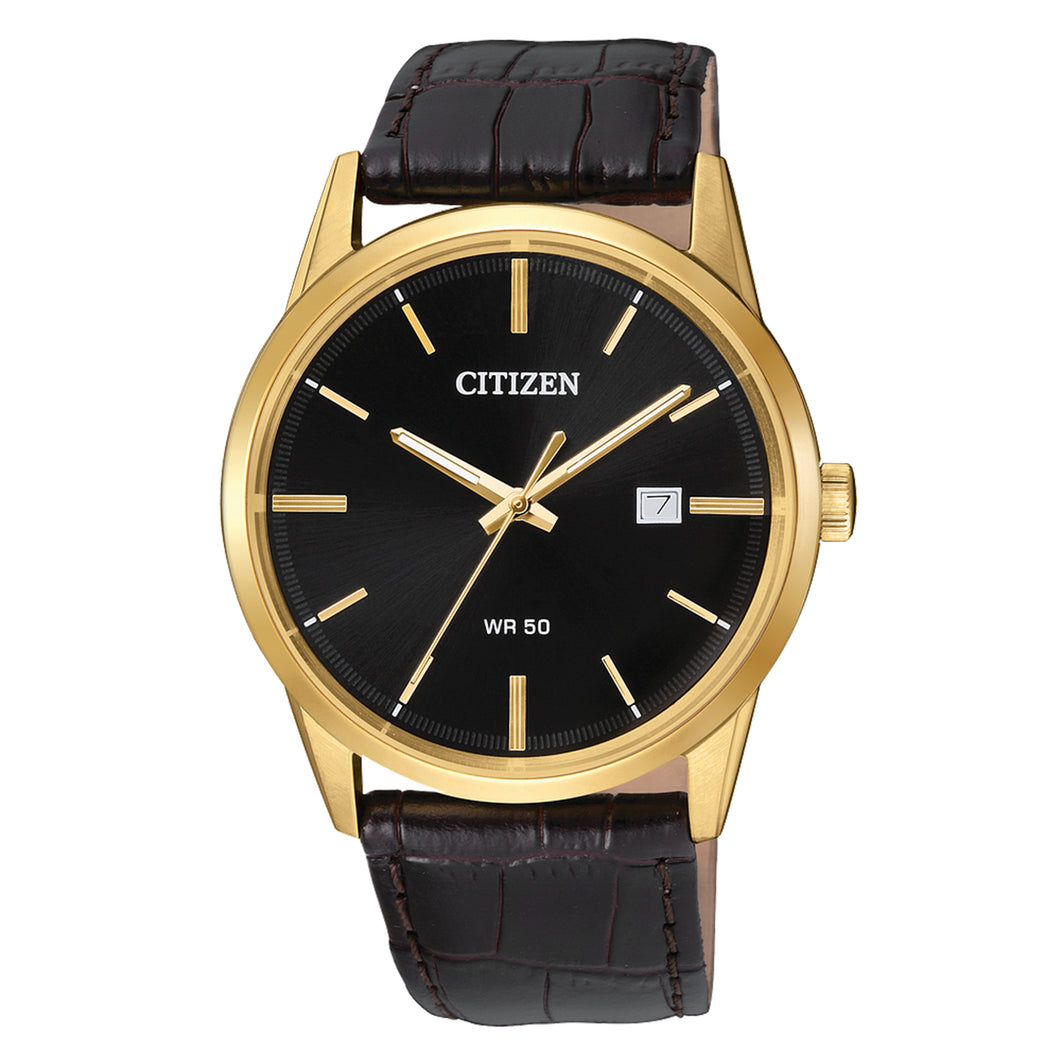 420220 CITIZEN® Quartz timepiece gold toned stainless steel with leather strap & date.