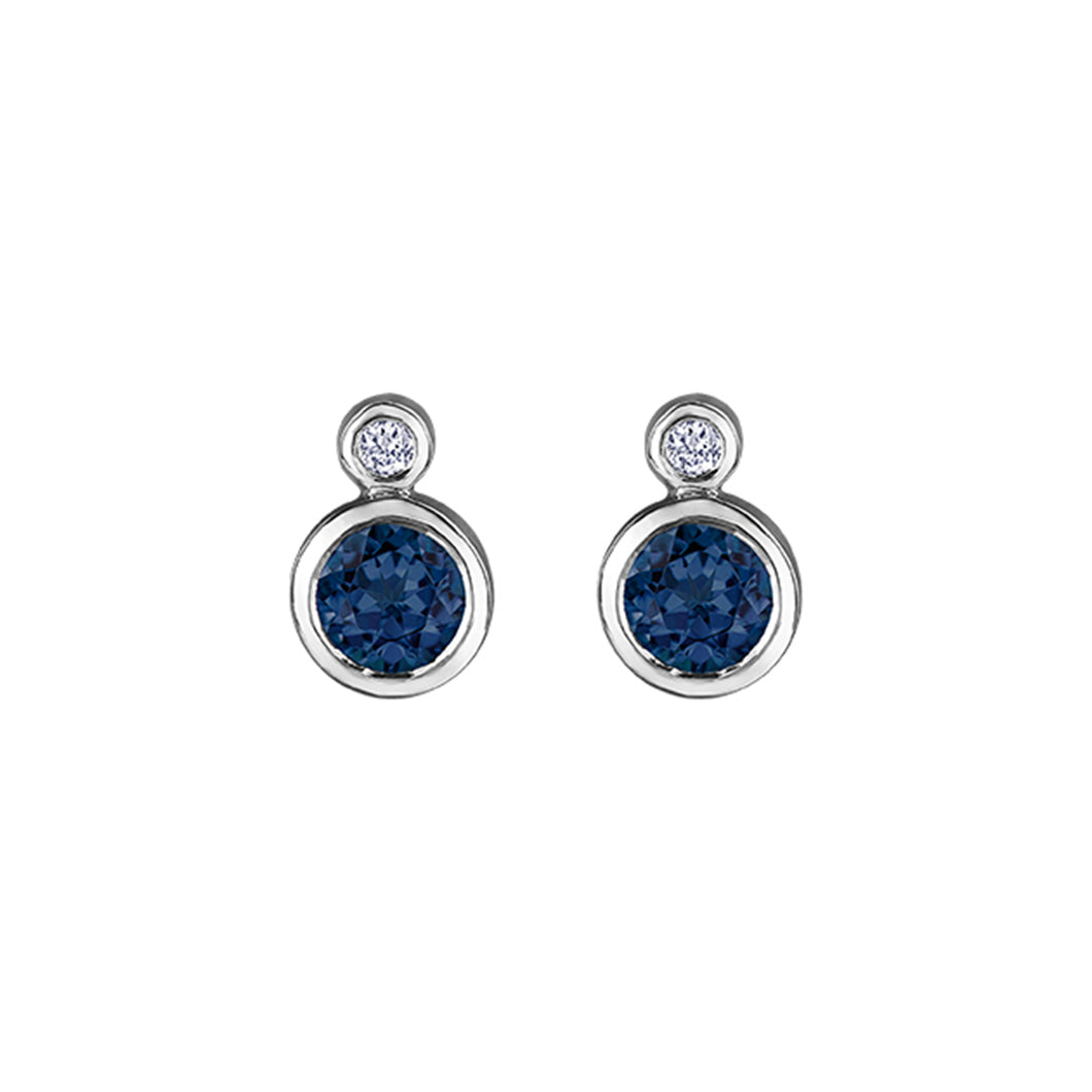 180142 10KT White Gold Bezel Set Sapphire & Diamond Stud Earrings