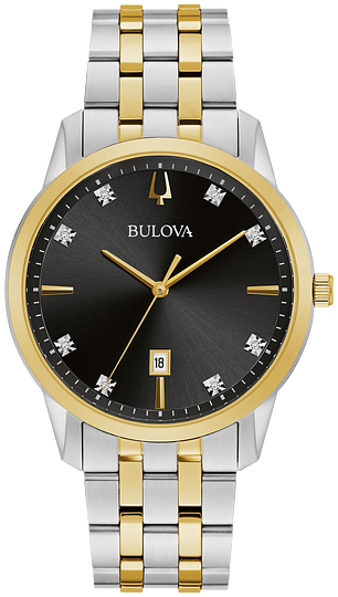 410020 BULOVA  Two-tone stainless steel case and bracelet with a black dial featuring eight diamonds set on the dial