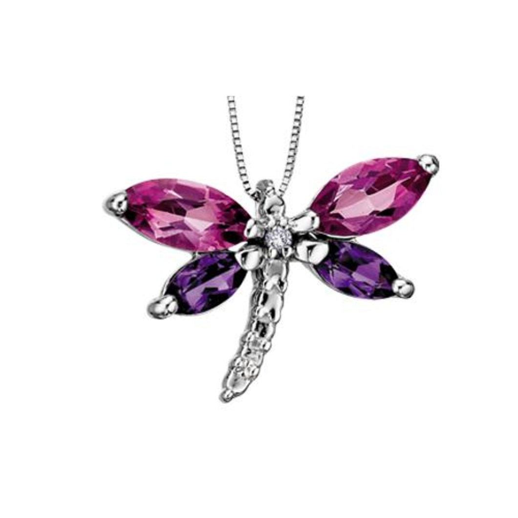 170079 OUT OF STOCK PLEASE ALLOW 3-4 WEEKS FOR DELIVERY 10KT White Gold Pink Topaz, Amethyst & .01CT TW Diamond Dragonfly Pendant