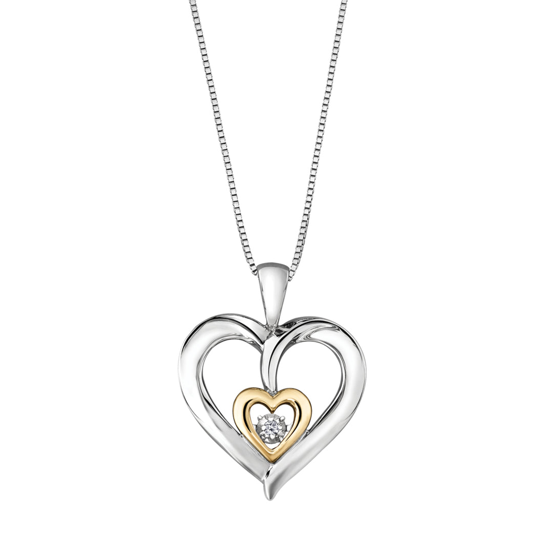 302838 Sterling Silver & 10KT Yellow Gold Double Heart Diamond Pendant, 0.02CT TW
