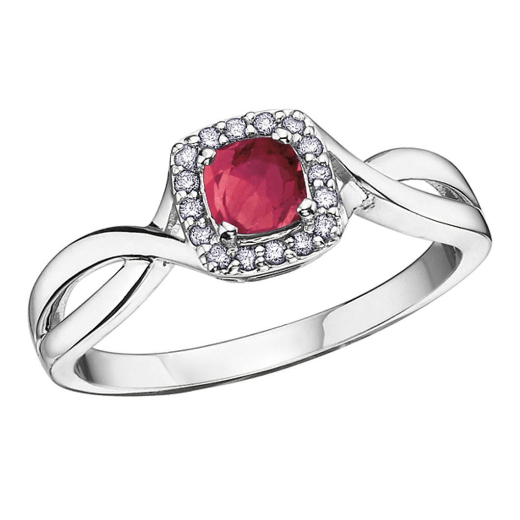 060028 10K White Gold Ruby with 0.07CT TW Diamond Birthstone Ring