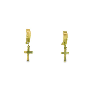 232178 10K Yellow Gold Huggie Earrings With Dangling Cross