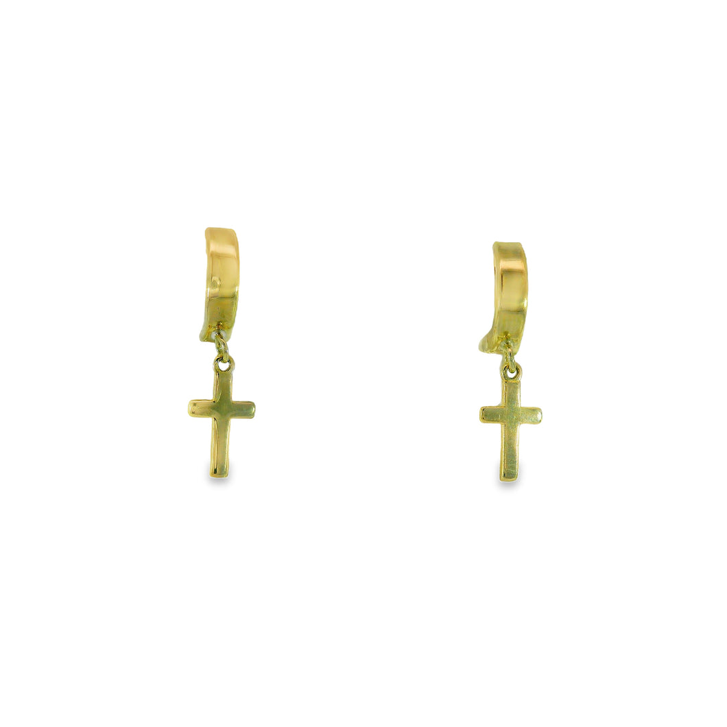 232178 10K Yellow Gold Huggie Earrings With Dangling Cross