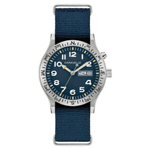 Load image into Gallery viewer, 410247 CARAVELLE Stainless Steel Light Up Field Watch With Day, Date &amp; Blue Nylon Strap
