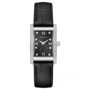 390208 CARAVELLE Stainless Steel with Black Dial, 42 Crystals, Roman Numerals, And A Leather StrapWatch