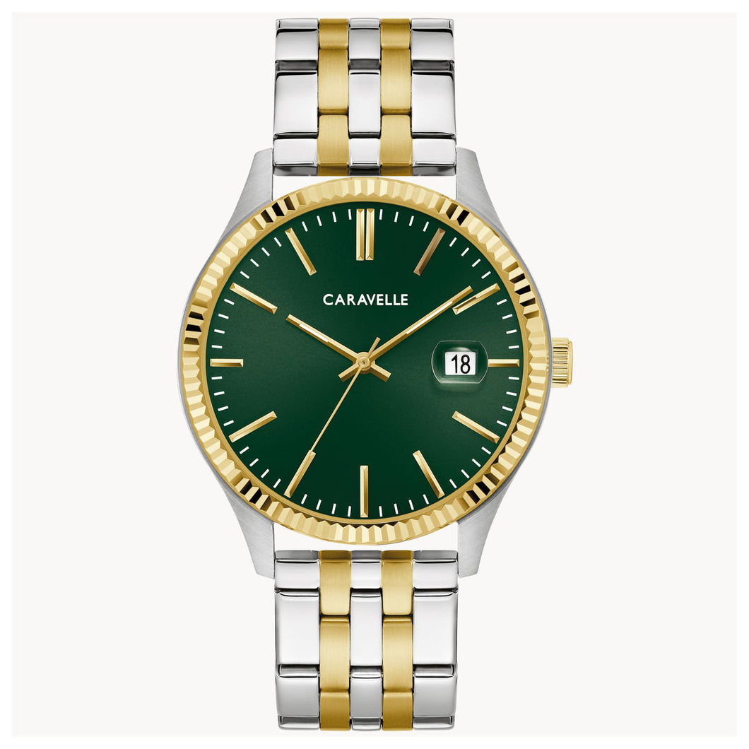 420244 Caravelle, Two-Tone Stainless-Steel Watch With Green Face, Date, And Fold Over Strap