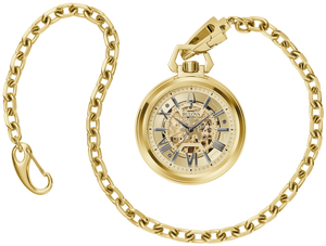 410170 Gold Toned Bulova Automatic Pocket Watch With Skeleton Dial & Chain