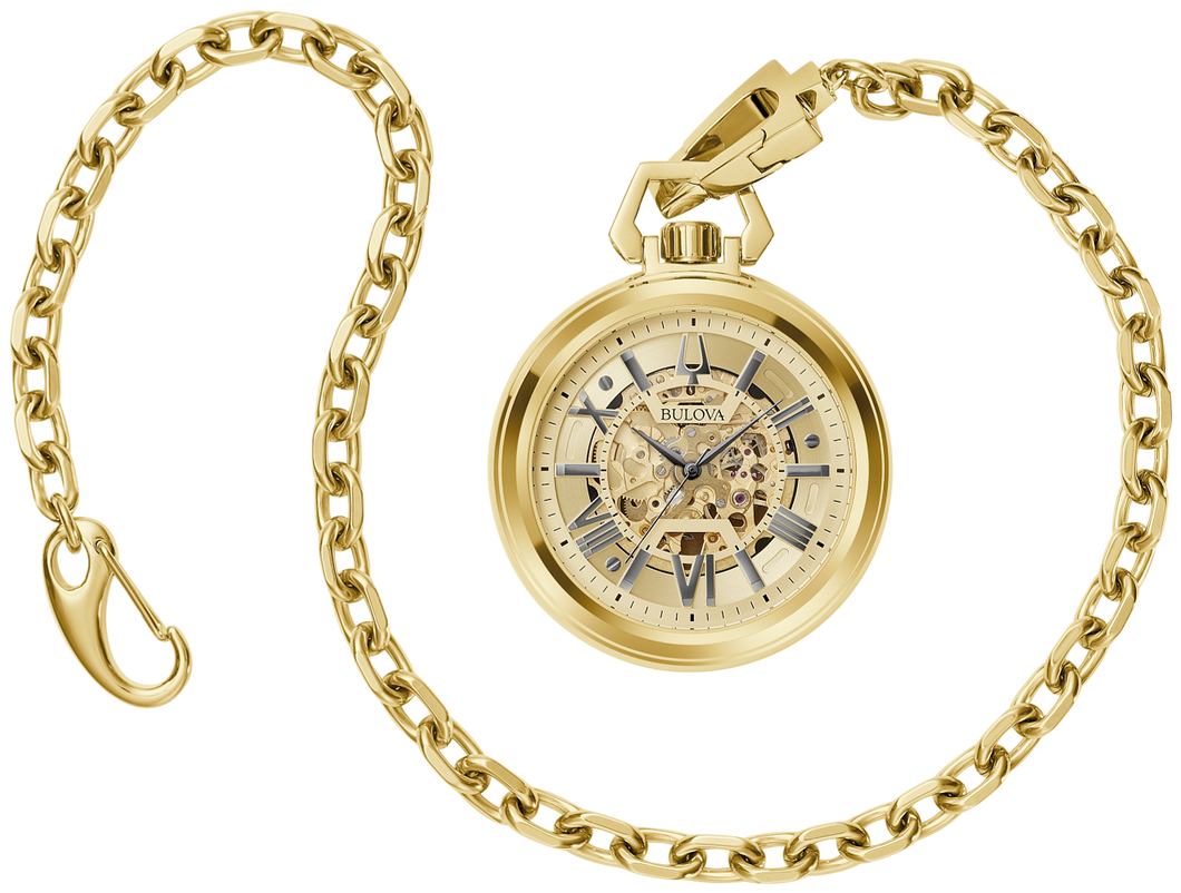 410170 Gold Toned Bulova Automatic Pocket Watch With Skeleton Dial & Chain
