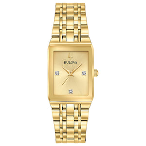 380149 BULOVA Quadra Gold Tone Stainless Steel Watch with 3 Diamond Square Champagne Dial