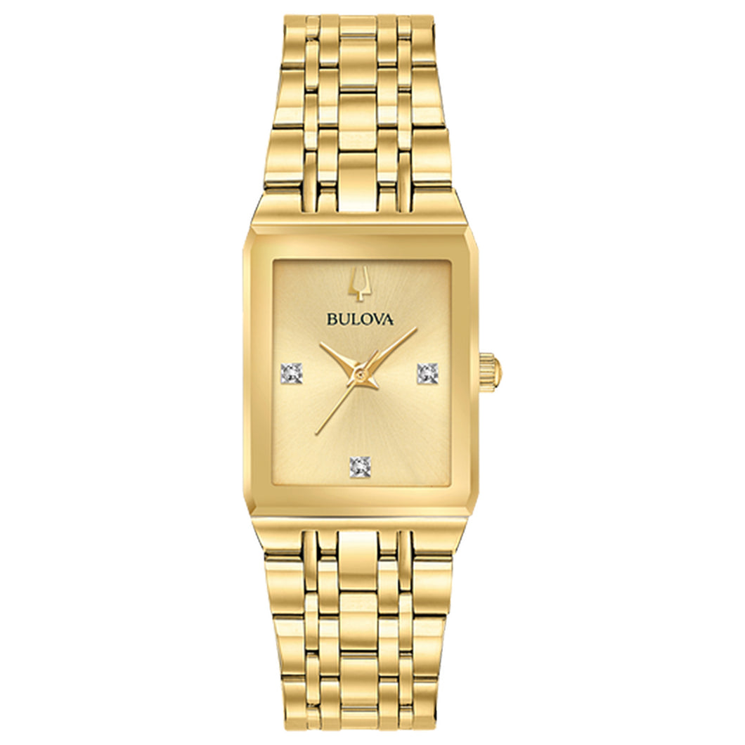 380149 BULOVA Quadra Gold Tone Stainless Steel Watch with 3 Diamond Square Champagne Dial