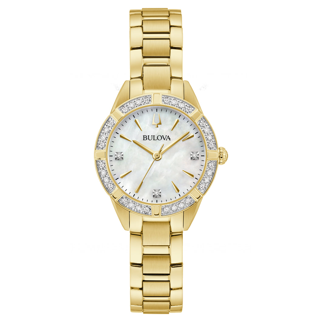 380173 BULOVA Gold Toned Stainless Steel Watch With 16 Diamonds & Mother of Pearl Dial