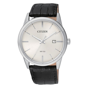 410139 CITIZEN Stainless Steel, Black Leather Strap & Date