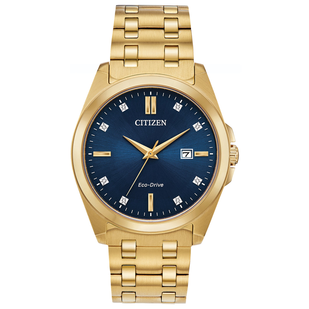 410221 CITIZEN® Peyten Eco-Drive Gold Tone Stainless-Steel Watch With Blue Face, 8 Diamonds & Date