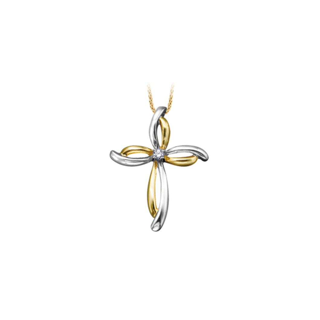 141703 10KT Yellow Gold Rhodium Enhanced .03CT TW Diamond Cross Pendant