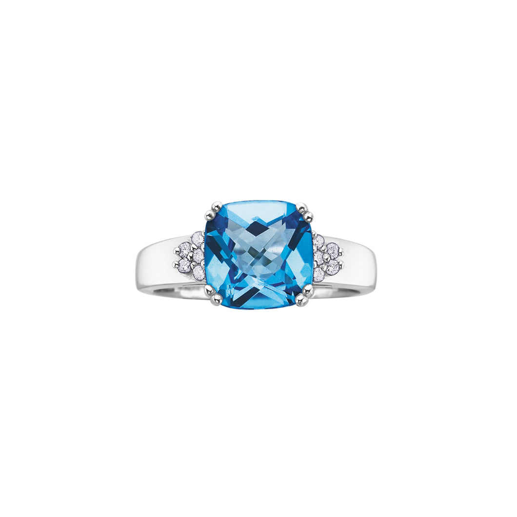 060192 10K White Gold Blue Topaz with 0.10CT TW Diamond Birthstone Ring