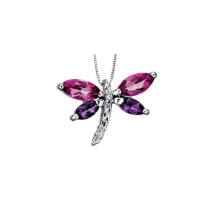 170079 10KT White Gold Pink Topaz, Amethyst & .01CT TW Diamond Dragonfly Pendant