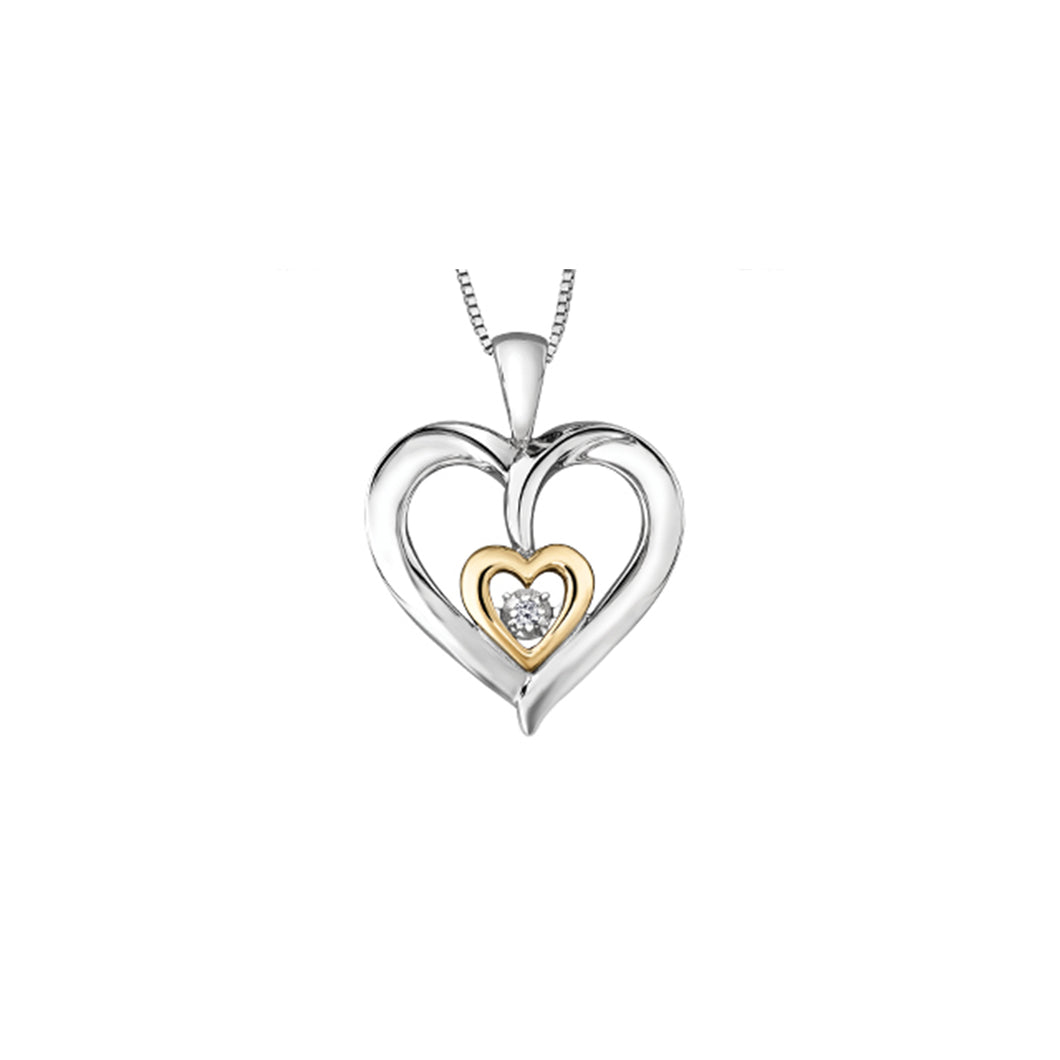 302838 Sterling Silver & 10KT Yellow Gold Double Heart Diamond Pendant, 0.02CT TW