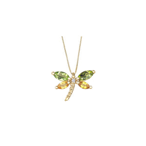 170085 OUT OF STOCK PLEASE ALLOW 3-4 WEEKS FOR DELIVERY 10KT Yellow Gold Peridot, Yellow Sapphire & Diamond Dragonfly Pendant