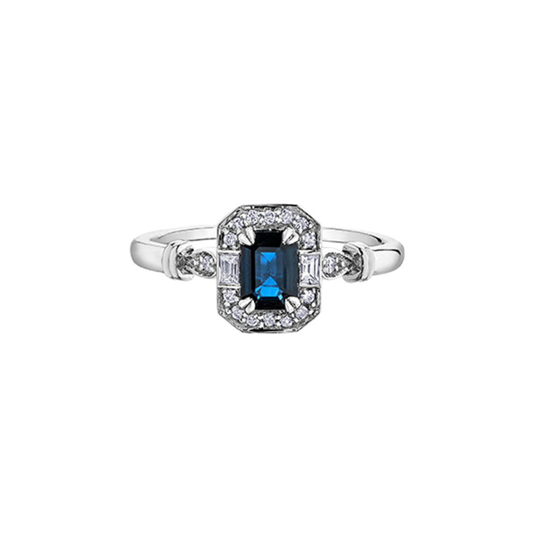 060190 10KT White Gold Blue Sapphire, White Sapphire & 0.08CT TW Diamond Ring