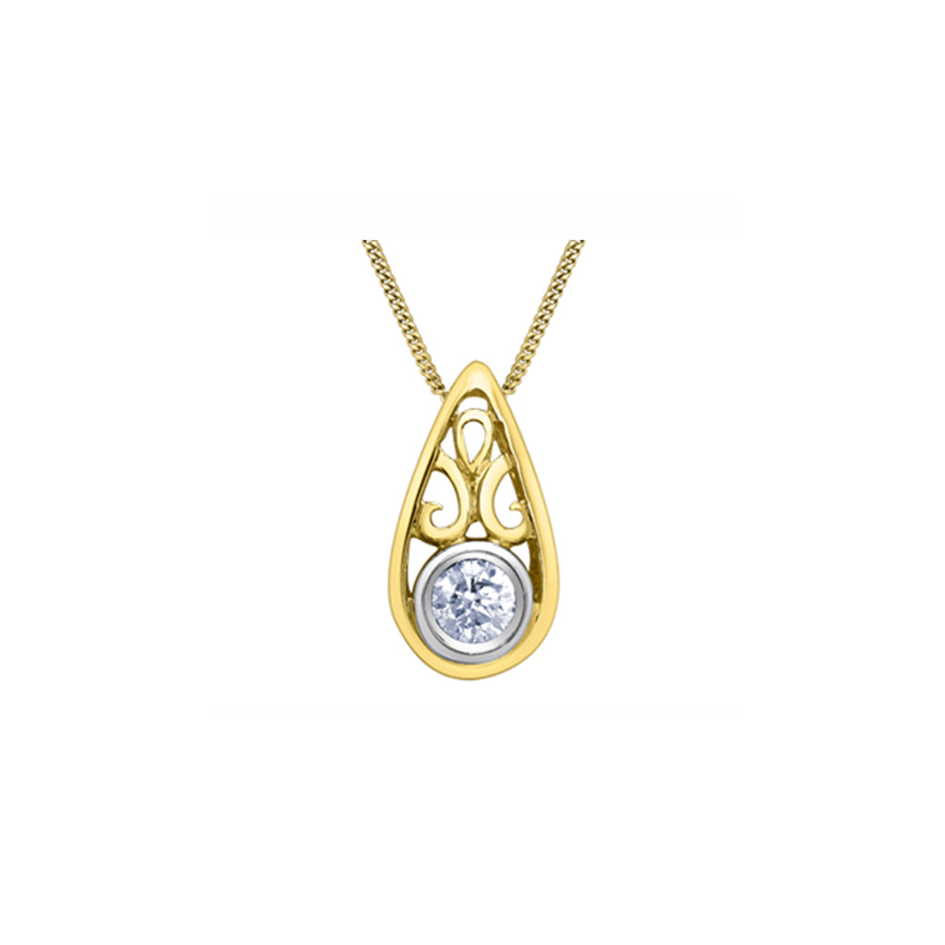 141805 10KT Yellow & White Gold .10CT TW Diamond Filigree Pendant