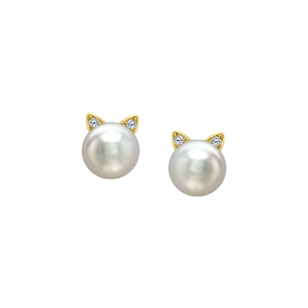 341434 10KT Yellow Gold Pearl & Diamond Birthstone Cat Stud Earrings