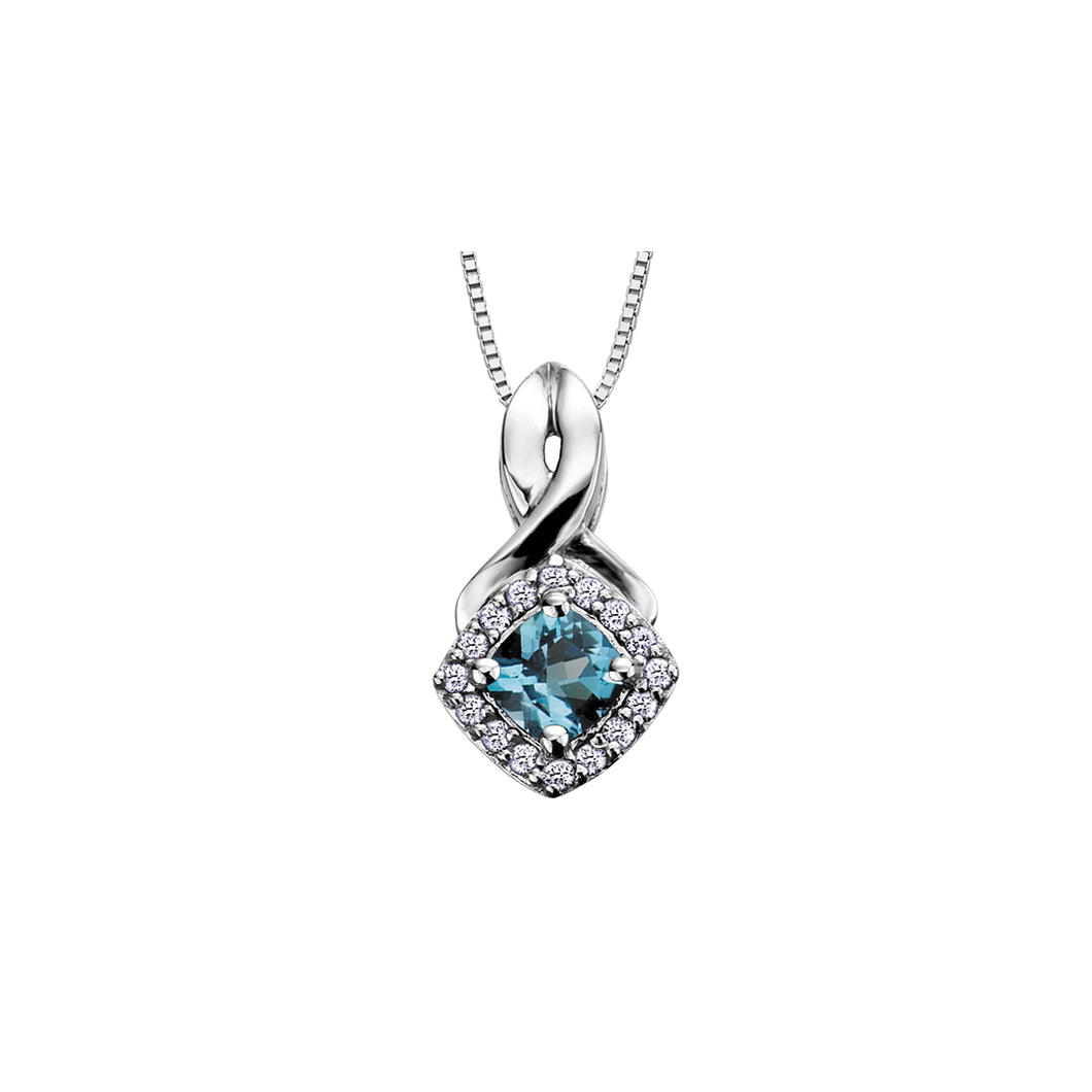 170025 10KT White Gold Blue Topaz & .08CT TW Diamond Halo Pendant