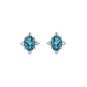 180110 10KT Yellow Gold Blue Topaz & Diamond Birthstone Earrings