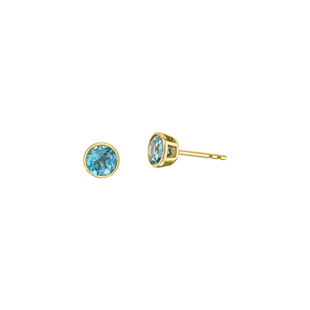 180171 10KT Yellow Gold Bezel Set Blue Topaz Stud Earrings