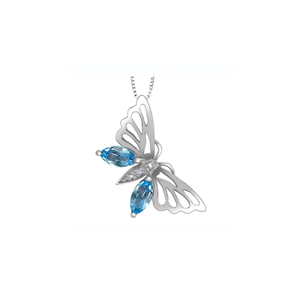 170238 10KT White Gold Blue Topaz & Diamond Butterfly Pendant