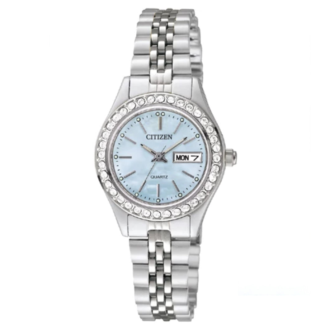 380167 CITIZEN Stainless Steel Mother Of Pearl Dial with Crystal Accents & Day/Date