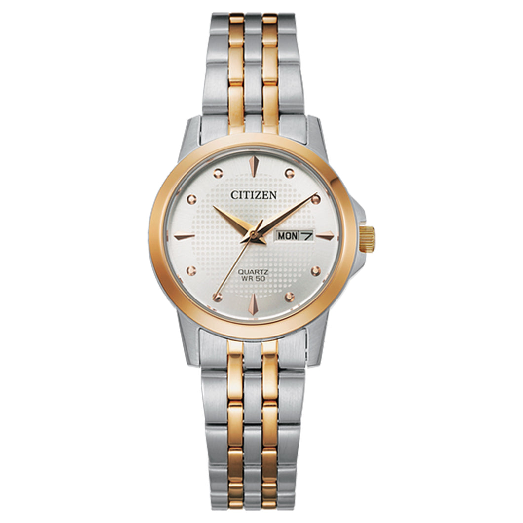 390206 CITIZEN® Quartz timepiece rose gold & silver toned stainless steel with day/date.