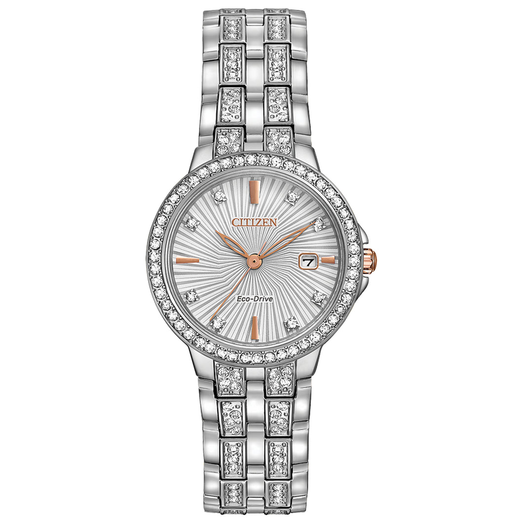 380191 CITIZEN® Eco-Drive Stainless-Steel Watch Mineral Crystal Rose Gold Accents & Date