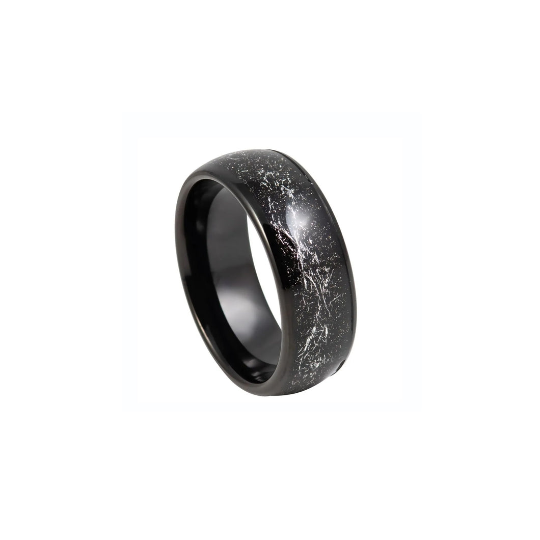 130539 JOSEF ELIAS 8MM Black Ion Plated Tungsten with Simulated Meteorite Inlay Size 8