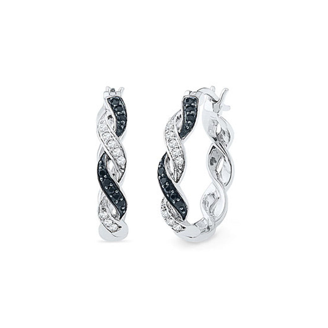 291420 Sterling Silver Black & White Diamond Braided Hoop Earrings