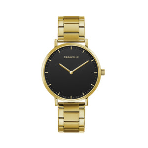 420073 Caravelle Stainless Steel with Gold Tone Strap, Black Dial & A Fold Over Clasp