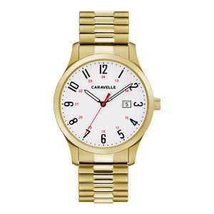 420132 Caravelle 24-hour design and three-hand date feature on matte white dial. Gold-tone stainless steel case