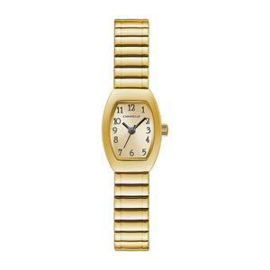 390028 CARAVELLE Gold Toned Stainless Steel Expansion Bracelet with Curved Crystal Watch