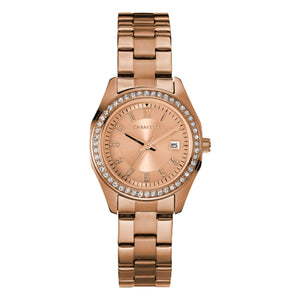 390045 Caravelle Stainless steel with rose gold finish, the 48 individually hand-set crystals with patterned rose gold dial