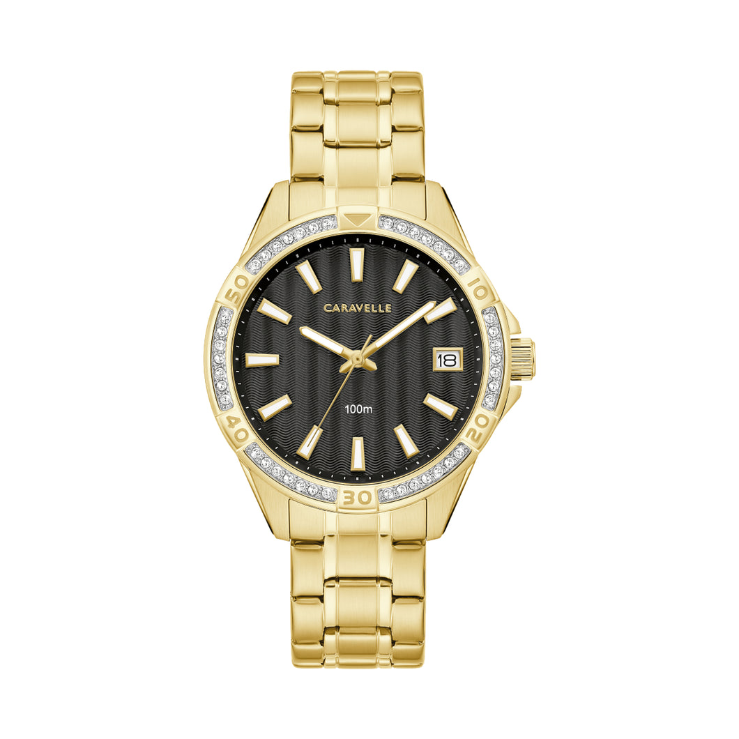 420136 CARAVELLE Yellow Toned Stainless Steel with Crystals, Black Dial & Date