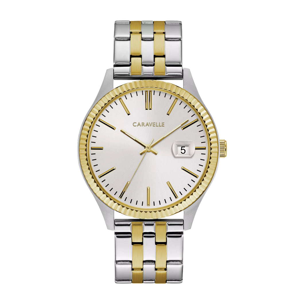 420031 Caravelle Stainless Steel with 2 Tone Strap, White Dial with Date & A Fold Over Clasp
