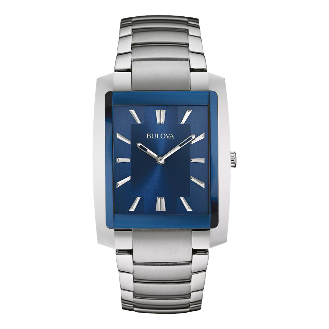 410009 BULOVA Gents Quartz Stainless Steel Rectangular Curved Crystal with Blue Dial Watch