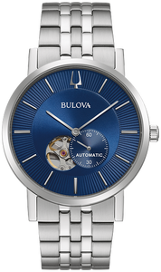 410018 BULOVA Stainless steel case with open aperture blue dial Water resistance to 30 metres.