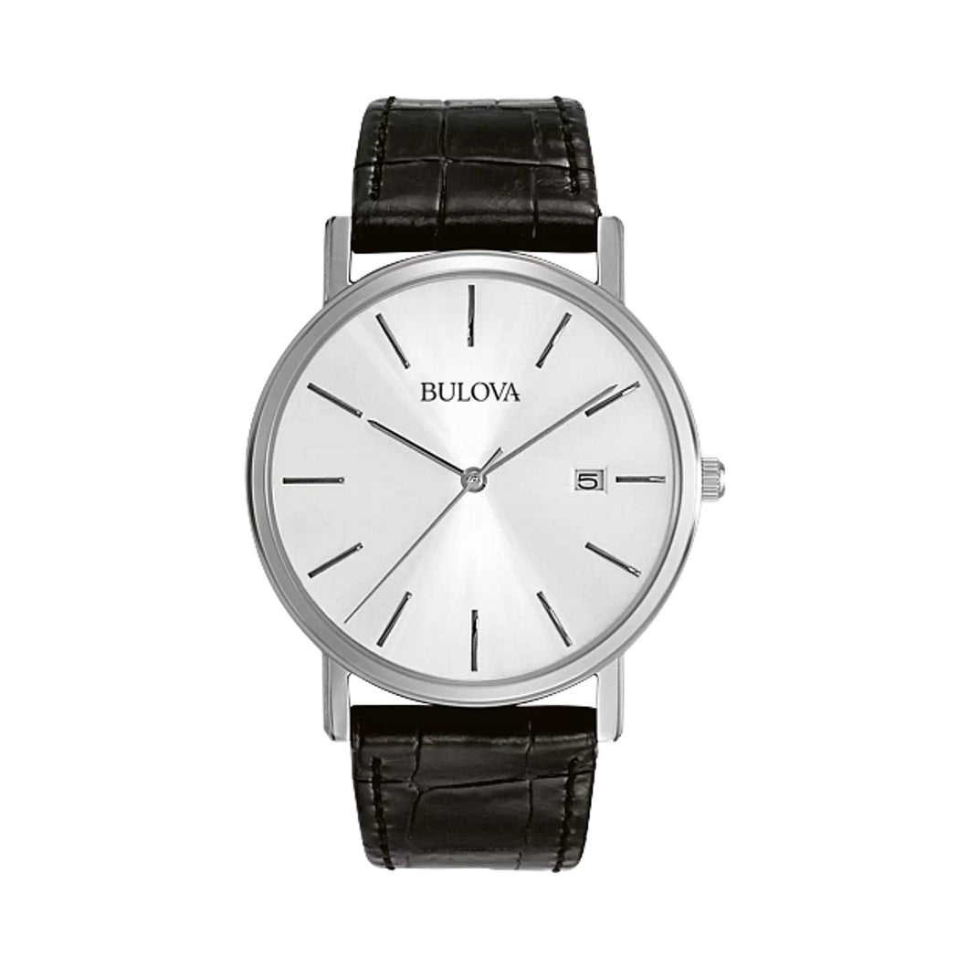 420066 Bulova Watch with Black Leather Strap White Dial with Date