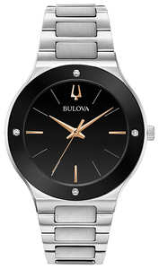 410021 BULOVA  Silver-tone stainless steel case with edge to edge black domed metalized crystal. Black dial featuring four diamonds