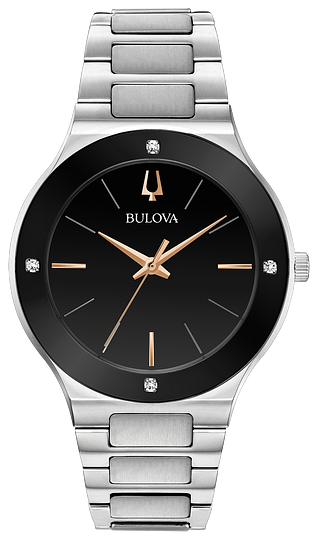 410021 BULOVA  Silver-tone stainless steel case with edge to edge black domed metalized crystal. Black dial featuring four diamonds