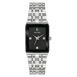 380049 BULOVA 3 Diamond Silver Tone Stainless Steel Black Rectangular Dial