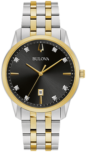 410020 BULOVA  Two-tone stainless steel case and bracelet with a black dial featuring eight diamonds set on the dial