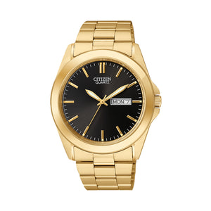 420078 CITIZEN® Quartz Gold Toned Stainless Steel with Black Dial & Day/Date Watch