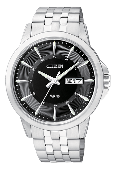420131 CITIZEN® Quartz timepiece features a stainless steel case and bracelet